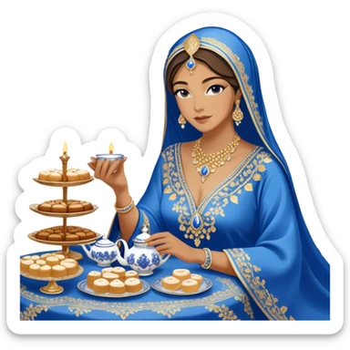 Arabian hospitality and tradition. A woman dressed in an elegant, intricately embroidered blue and gold kaftan sits gracefully at a lavish table filled with traditional sweets like luqaimat, pastries, and cakes, featuring silver tea sets, candles, and luxurious textiles sticker