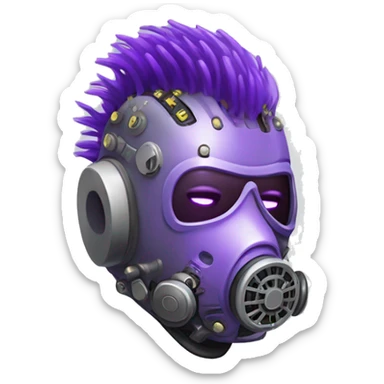 Purple mohawk cyborg head with grey respirator mask and circuits sticker
