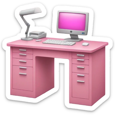 Pink desk with a white pc sticker
