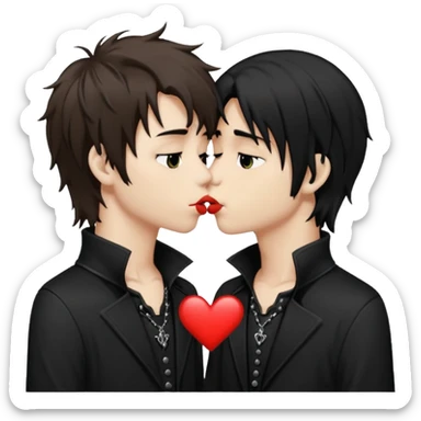 Goth Boys, one goth boy pale with shaggy brown hair the other a goth boy tan with long black hair, kissing sticker
