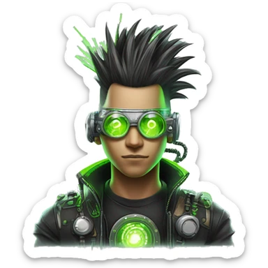 Mohawk hair with neon green highlights Asian male cyborg head with neon silver steampunk goggles and circuits sticker