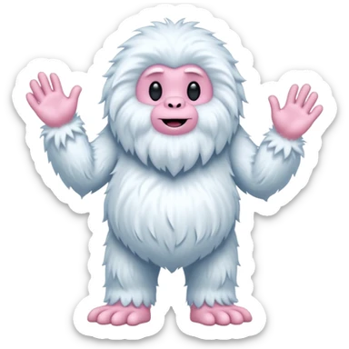 A fluffy, white creature resembling a yeti stands upright, featuring a round body and long, shaggy arms. Its face is smooth with a simple, flat mouth and without eyes. The hands and feet are pink with claw-like digits, and the creature has a whimsical, cartoonish appearance sticker