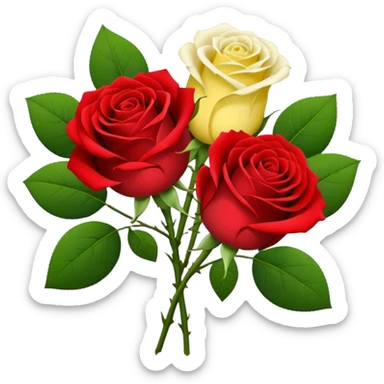 One red flower and one white flower and one small yellow rose below them in bouquet  sticker