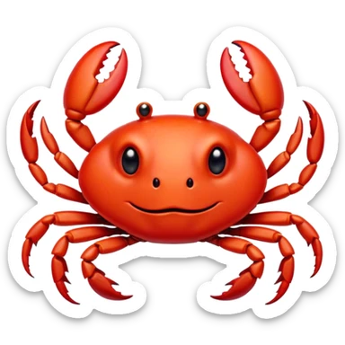 Cinematic Cute Red Crab Portrait Emoji, Head tilted playfully and inquisitively, featuring a compact, vibrant scarlet carapace with adorably small, expressive eyes and gentle, rounded pincers, Simplified yet irresistibly adorable features, highly detailed, glowing with a warm, friendly oceanic glow, high shine, affectionate and lively, stylized with a touch of seaside whimsy, soft glowing outline, capturing the essence of a mischievous yet loving red crab that seems as if it could pinch its way out of the screen into your arms! sticker