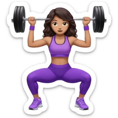 mujer de tez trigueña, con cabello castaño oscuro ondulado no muy marcado, hasta las nalgas super largo estilizado, con ropa deportiva morada/lila, tenis blancos deportivos y levantando una pesa sticker