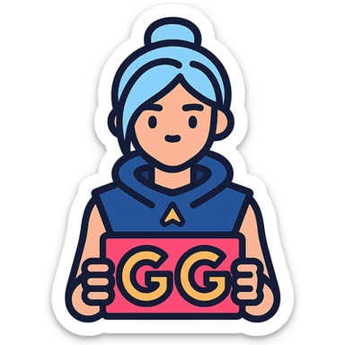 Resize the image to 500x500 pixels and ensure the file size is under 1 MB. Keep Jett from Valorant holding 'GG' text vibrant and energetic in a lineal color icon style with black outlines. sticker