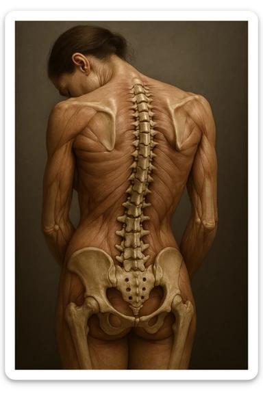 CORPO UMANO ANATOMICO di una donna con spalle chiuse e postura incurvata, spina dorsale in evidenza, IPERREALISTICO 4K sticker