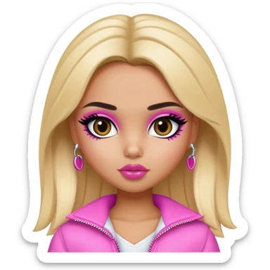 pretty bratz girl, blonde hair, dark brown eyes, pink lips, black eyeliner, tan skin, cute y2k clothes sticker