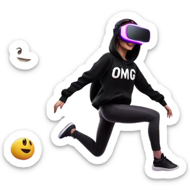 Russian girl wearing black hoody with violet letters "OMG", in vr headset oculus quest2. jumping. Cyberpunk style. Violet neon. sticker
