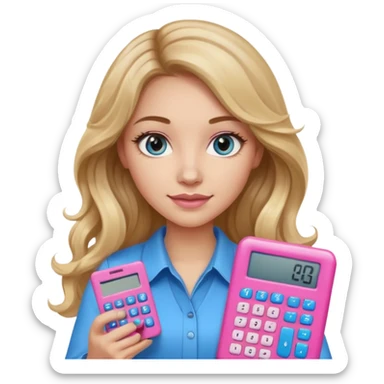 pretty female with long wavy brown hair with blonde highlights and blue eyes holding a pink calculator sticker