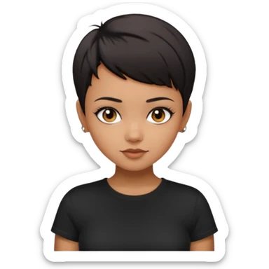 A girl with black short pixie haircut cut, dark brown eyes that almost look like black, caramel tone skin colour. Wearing a black t-shirt.  sticker