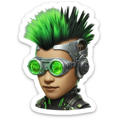 Mohawk hair with neon green highlights Asian male cyborg head with neon silver steampunk goggles and circuits sticker