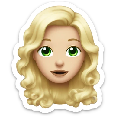 blonde female hair down with green eyes blowing a pink bubble sticker