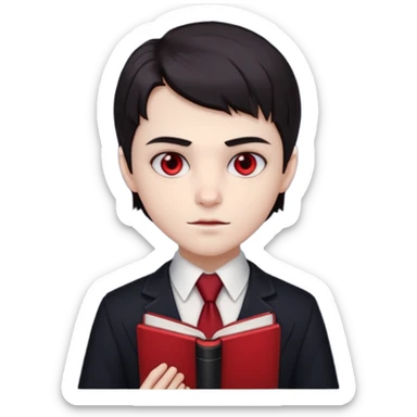 {
      "type": "human",
      "look": "young vampire student, tidy uniform, tie, red eyes, holding book",
      "description": "a young vampire student with red eyes wearing a neat uniform and holding a book"
    } sticker