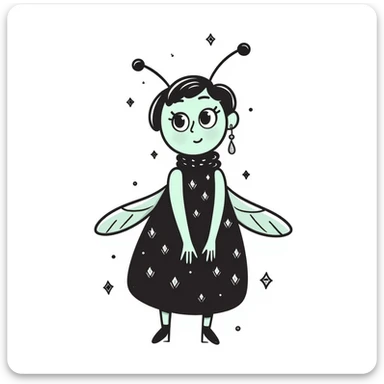 Mint green woman bee character with diamond decorations, rhinestone jewelry, and glittery sparkly details sticker