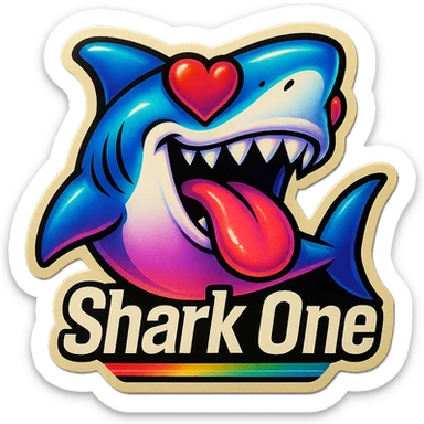 mouth open with tongue out heart shaped eye add the words “ Shark One " in White sticker