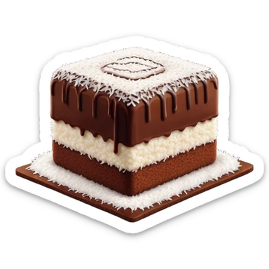 Lamington Cinematic Realistic Lamington Dessert Emoji, depicted as a sponge cake square coated in chocolate and dusted with coconut on all sides, rendered with lifelike textures and vibrant, tropical lighting. sticker