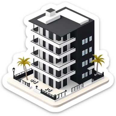 Isometric exterior black and white beach resort hotel, modern dollhouse style 3D realistic  sticker