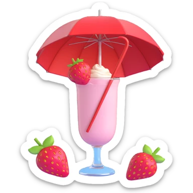 3D style strawberry milkshake with pink hue and cherry on top, glass with umbrella, tropical vibe sticker