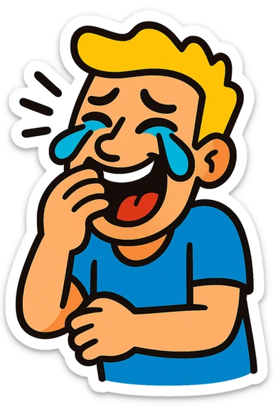 Laughing to tears, meme style, exaggerated features, vibrant colors sticker