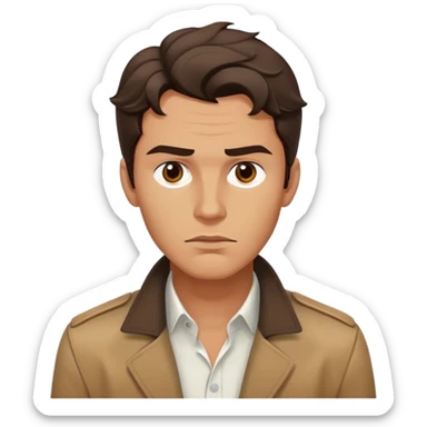 The person(male) has a tanned complexion, wavy  dark hair covering his forehead, well-defined facial features with a strong jawline, full lips, and serious expression. They are wearing a white shirt layered with a brown jacket sticker