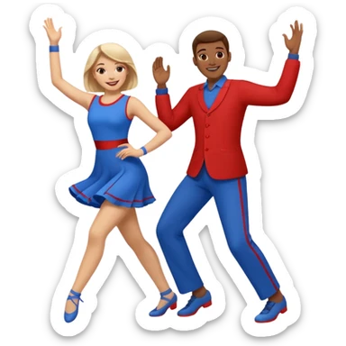 Two people dancing wearing bue and red sticker