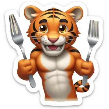 a muscular grinning tiger holding a fork poking into a fillet of salmon with the tip of its paws sticker