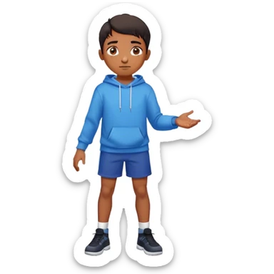 Indian boy with freckles. he has a black sweatshirt and blue shorts. He is in 8th grade. He plays a video game called pico park. sticker