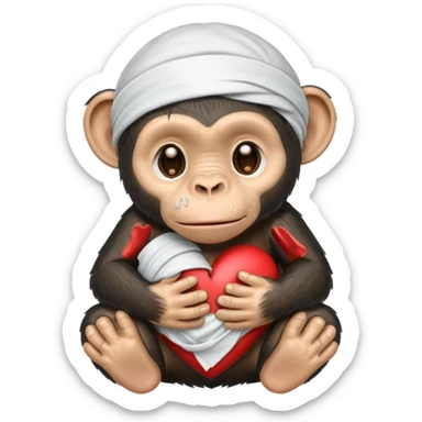 cartoon chimpanzee crying, using bandaids to fix a broken heart sticker