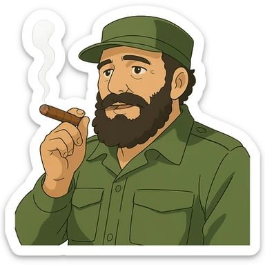 ghibli style illustration of Fidel Castro with a cigar sticker
