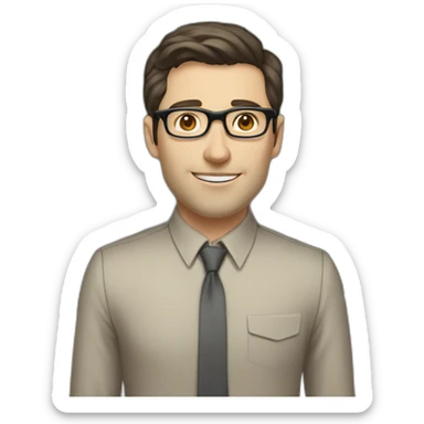 Pale skinned fit man with dark brown hair in gray jacket, beige office shirt, brown tie, brown pants and vintage glasses Writing on the marker board sticker