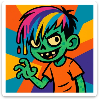 zombie boy with streaked emo hair, dye dripping, mischievous expression, colorful sticker
