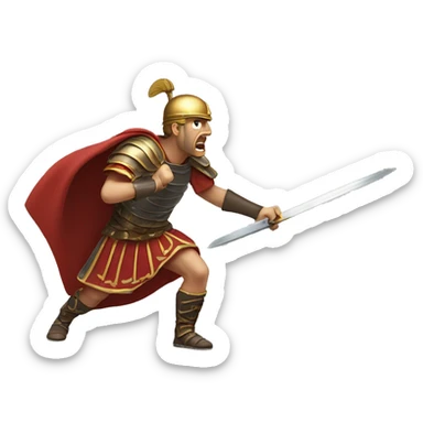 Angry General Throwing Sword on Ground: A Roman general with a furious expression, throwing his sword to the ground, with his cape dramatically flowing behind him, clearly irritated by a battle setback. sticker