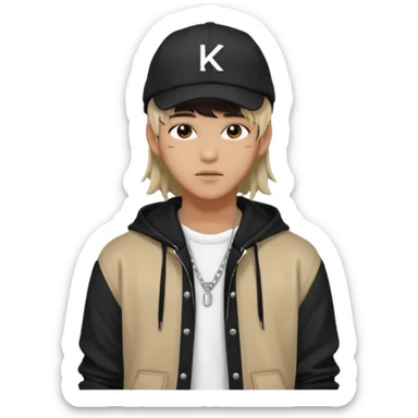 Portrait of a male K-pop idol, wearing a stylish streetwear outfit with layered clothing, long hair with bangs, makeup, wearing a black cap sticker