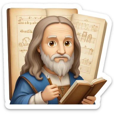Cinematic Realistic Leonardo da Vinci Portrait Emoji, depicted as the quintessential Renaissance polymath with deep, thoughtful eyes, a flowing beard, and a quill or sketchbook in hand. The scene is illuminated with warm, classical lighting, evoking the atmosphere of a master artist’s workshop, surrounded by early sketches of inventions and masterpieces like the Mona Lisa. sticker