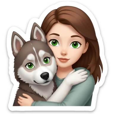 White girl white Green eyes and brown hair make a hug to a husky white ans grey white brown eyes  sticker