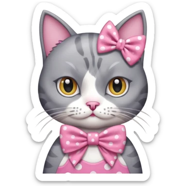 Evil Gray and white evil cat with a pink polka dot dress and with a pink polka dot bow sticker