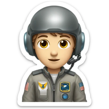 A white young boy with brown hair and a airplane pilot suit and a radio helmet sticker