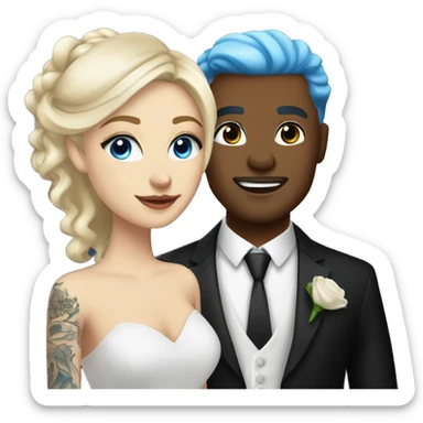 white blonde woman, blue eyes in a wedding dress with a lightskin tattooed man in a black tuxedo tie with hazel eyes sticker
