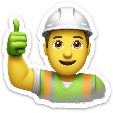 a construction worker doing thumbs up with a green helmet and a yellow shirt sticker