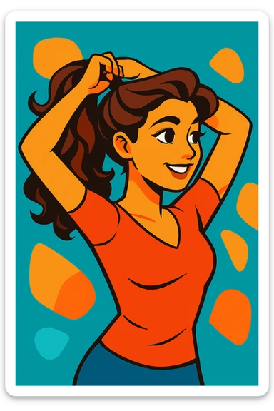 graceful woman with wavy brown hair, tying it into a ponytail, confident and happy, vibrant toon style sticker