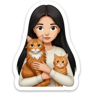 Une fille a la peau mat et yeux marron et au cheveux long lisse et noir portant un chat type Maine coon de couleur roux  sticker