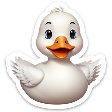 Cinematic Comical White Duck Portrait Emoji, Head tilted dramatically with an exaggeratedly amused expression, featuring a striking, glossy white plumage with a quirky red bill, wide, expressive eyes filled with playful disbelief, Simplified yet hilariously expressive features, highly detailed, glowing with a slightly sassy glow, high shine, dramatic yet playful, stylized with an air of cheeky mischief, bright and endearing, soft glowing outline, capturing the essence of a spirited and over-the-top duck, so meme-worthy it feels like it could quack its way into internet fame instantly! sticker