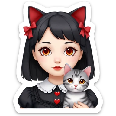 girl wearing black Lolita style dress, with medium-length black hair with red tips, and a gray American Shorthair tabby cat sticker