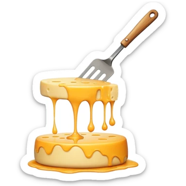 a half vertical  wheel of cheese being scraped with a metal spatula, melted cheese flowing, warm golden colors, modern emoji style, clean outlines, transparent background sticker
