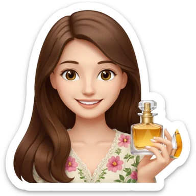 half body pretty long hair girl holding 1 parfume with smile sticker