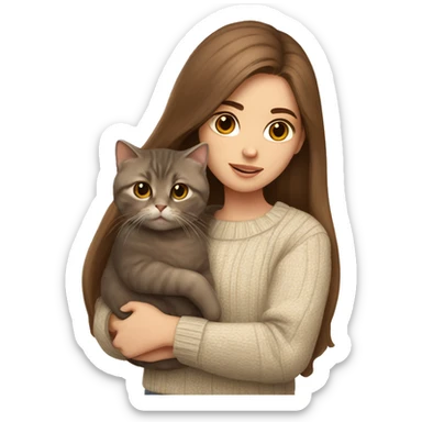Girl with long brown hair in sweater holding a scottish fold cat sticker