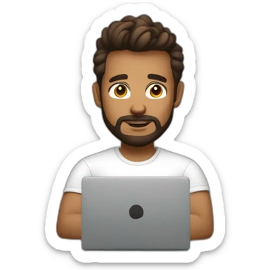 Not fat but fit Wearing a shirt No glasses Cute programmer on his laptop looking front with a brown quiff as a hair and brown eyed with a bit of a beard sticker