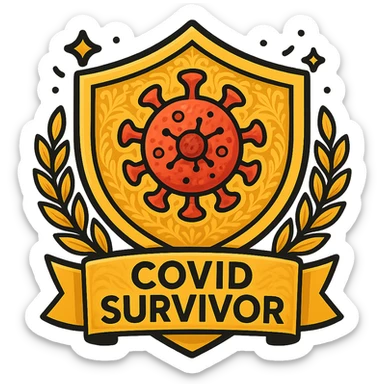 Make the badge more detailed: add intricate patterns to the shield, a more realistic virus symbol, subtle gradients, and a gold laurel wreath around the edge. Keep the celebratory style and 'COVID Survivor' text. sticker