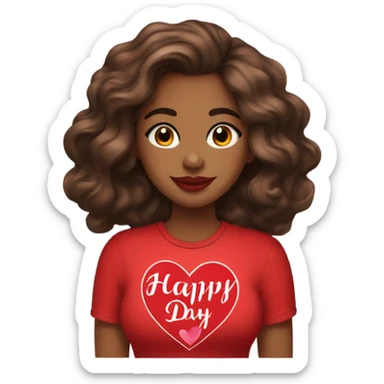 brown lady, medium brown long wavy hair, red lips, eyelashes, wearing red “happy Valentine’s Day” t shirt sticker